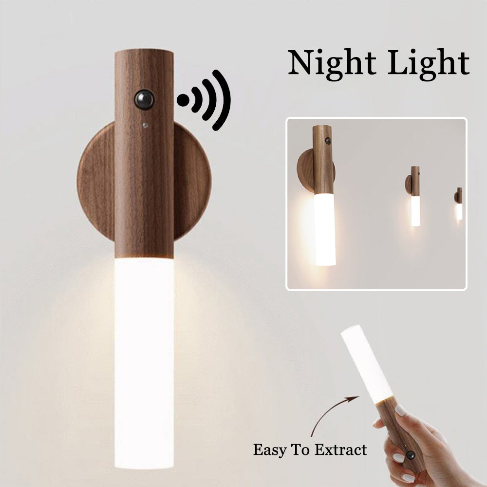 Magnetic USB LED Wall Lamp Wood with PIR Motion Sensor - Wireless Lighting for Hallway, Porch, Cabinet