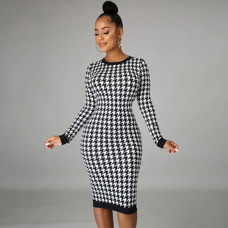 Houndstooth Print Women Long Sleeve Midi Dress Hollow Out Bodycon Sexy