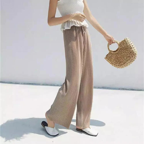 Women Fashion Summer Wide Leg Pants Pleated Ice Silk Trousers Elastic