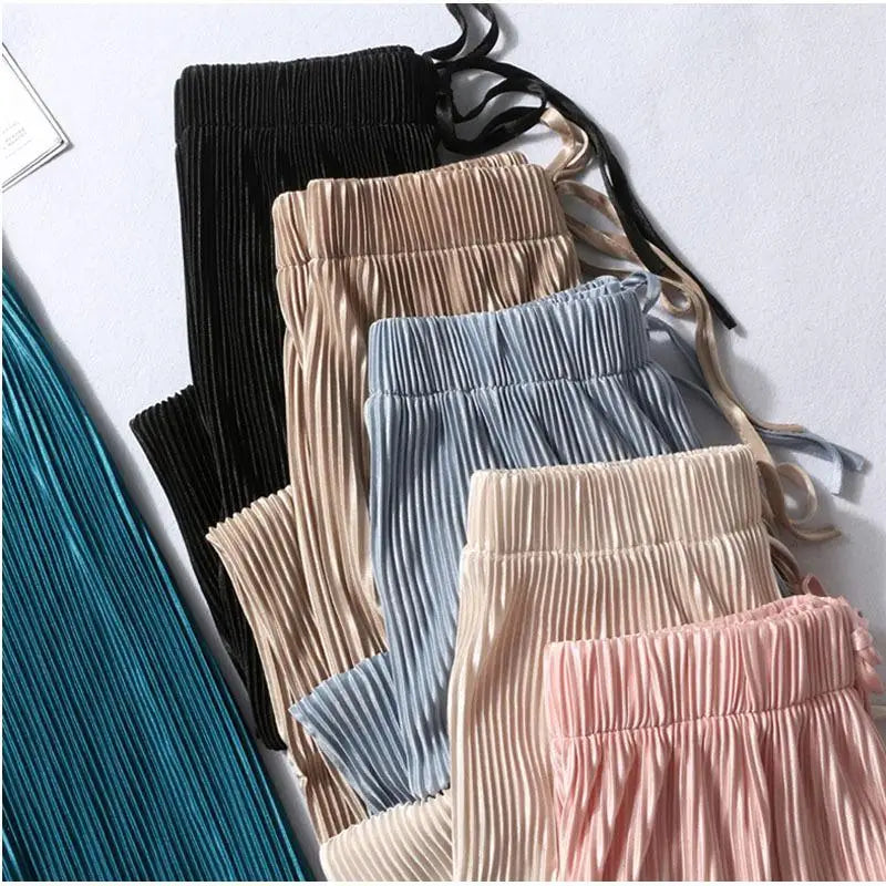 Women Fashion Summer Wide Leg Pants Pleated Ice Silk Trousers Elastic