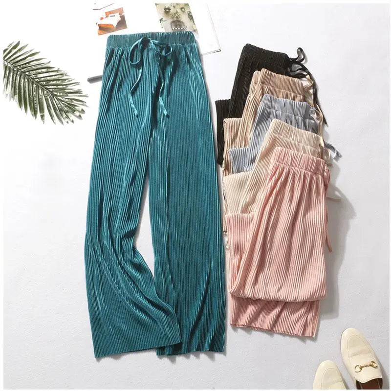 Women Fashion Summer Wide Leg Pants Pleated Ice Silk Trousers Elastic