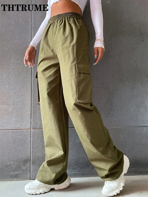 High Street Vintage Pants Fashion Solid High Elastic Waist Pocket