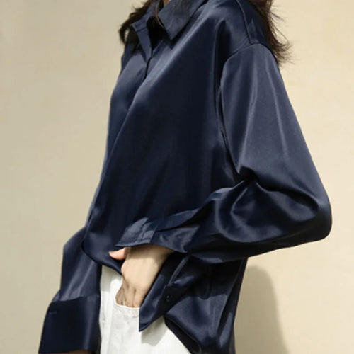 Elegant Satin Loose Women Shirt Spring Turn-down Collar Ladies Blouse