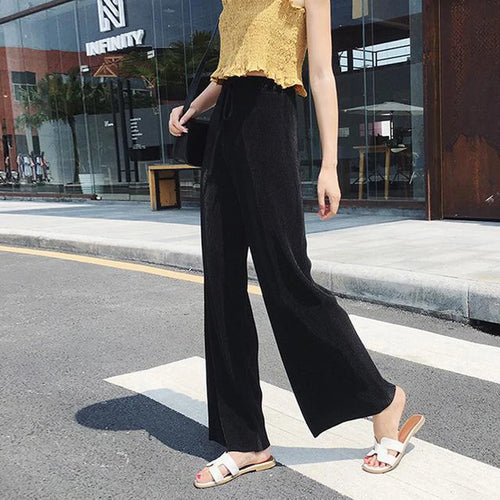 Women Fashion Summer Wide Leg Pants Pleated Ice Silk Trousers Elastic