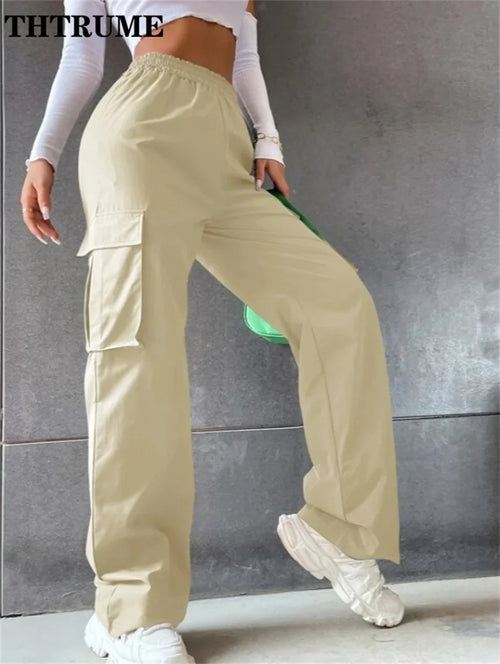 High Street Vintage Pants Fashion Solid High Elastic Waist Pocket