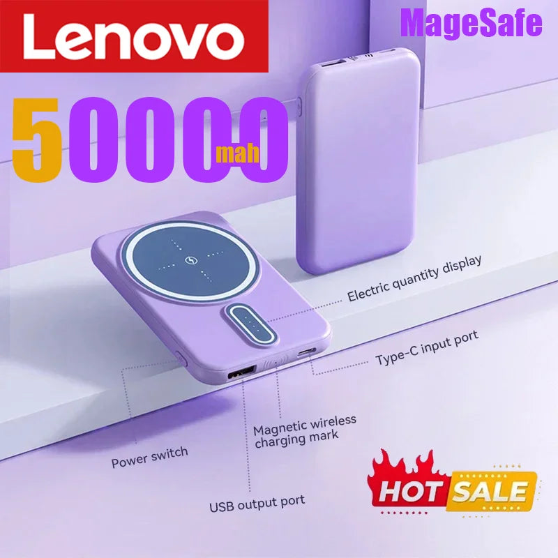 Power Bank Magnétique Lenovo 50000mAh – Chargement Rapide sans Fil et Portable