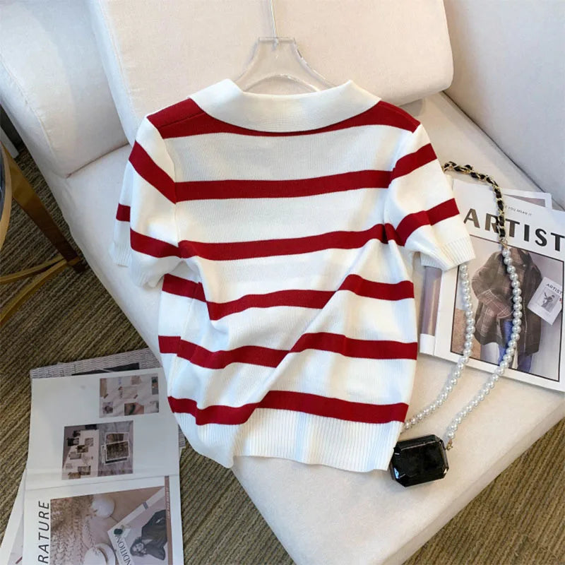 New Striped Pattern Collared Sweater Versatile Short Sleeve Knitted