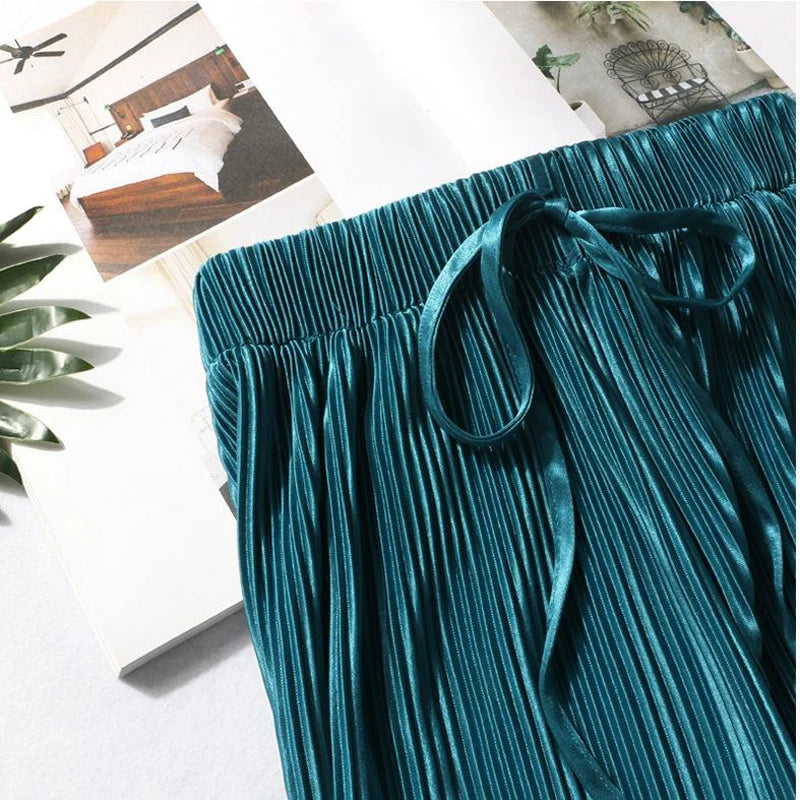 Women Fashion Summer Wide Leg Pants Pleated Ice Silk Trousers Elastic