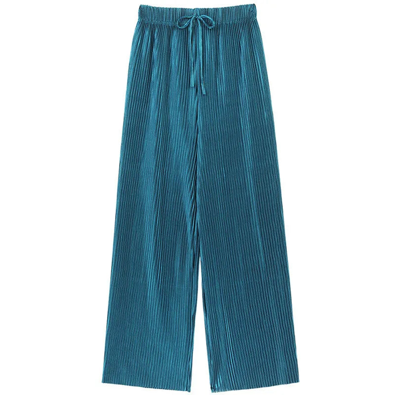 Women Fashion Summer Wide Leg Pants Pleated Ice Silk Trousers Elastic