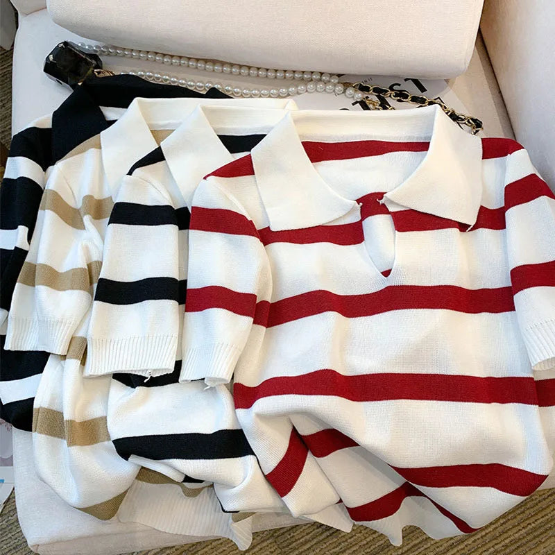 New Striped Pattern Collared Sweater Versatile Short Sleeve Knitted