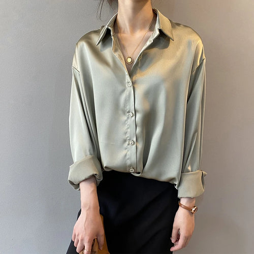 Elegant Satin Loose Women Shirt Spring Turn-down Collar Ladies Blouse