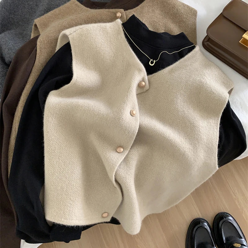 Autumn New Women Cardigan Korean Elegant Knitted Sleeveless Female