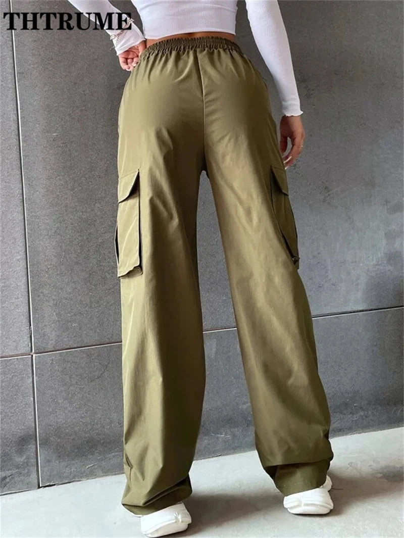 High Street Vintage Pants Fashion Solid High Elastic Waist Pocket