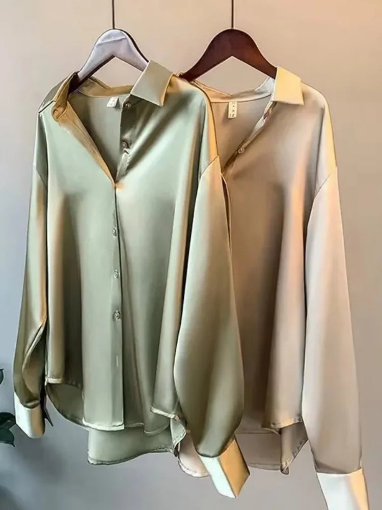 Elegant Satin Loose Women Shirt Spring Turn-down Collar Ladies Blouse