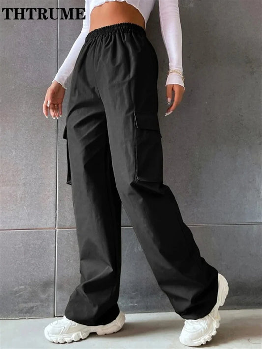 High Street Vintage Pants Fashion Solid High Elastic Waist Pocket