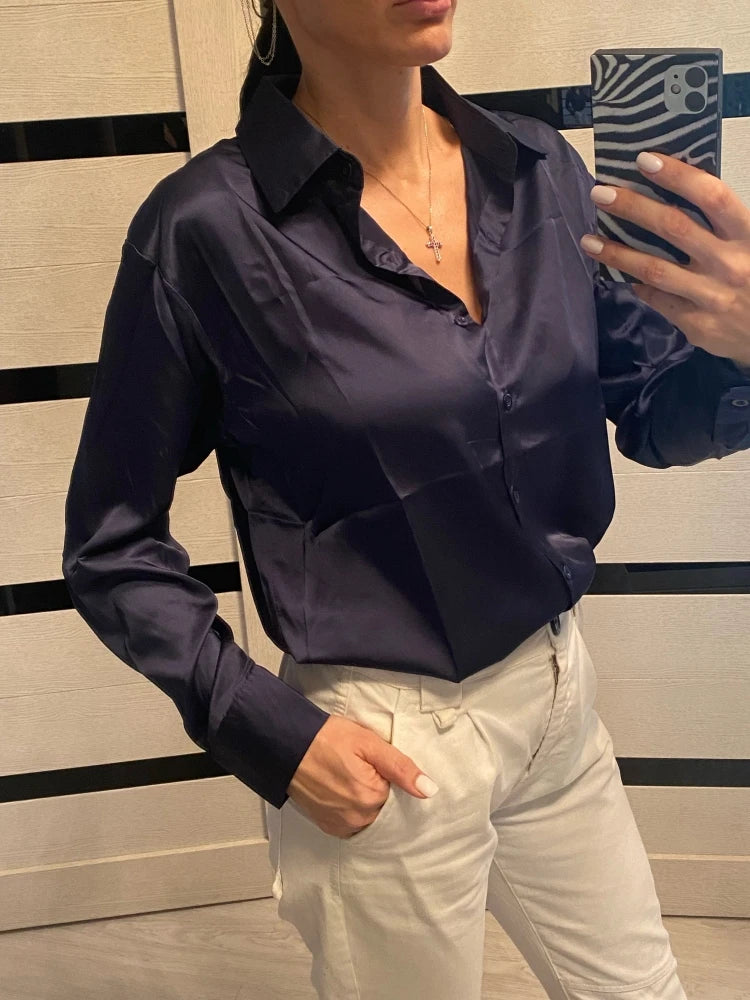 Elegant Satin Loose Women Shirt Spring Turn-down Collar Ladies Blouse