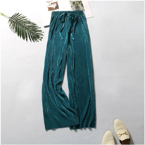 Women Fashion Summer Wide Leg Pants Pleated Ice Silk Trousers Elastic