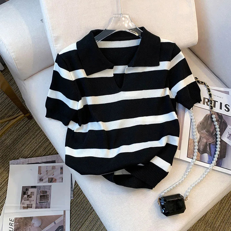 New Striped Pattern Collared Sweater Versatile Short Sleeve Knitted