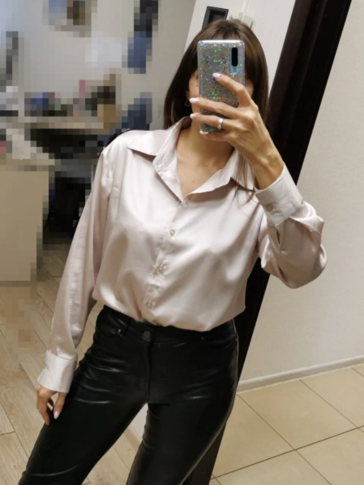 Elegant Satin Loose Women Shirt Spring Turn-down Collar Ladies Blouse