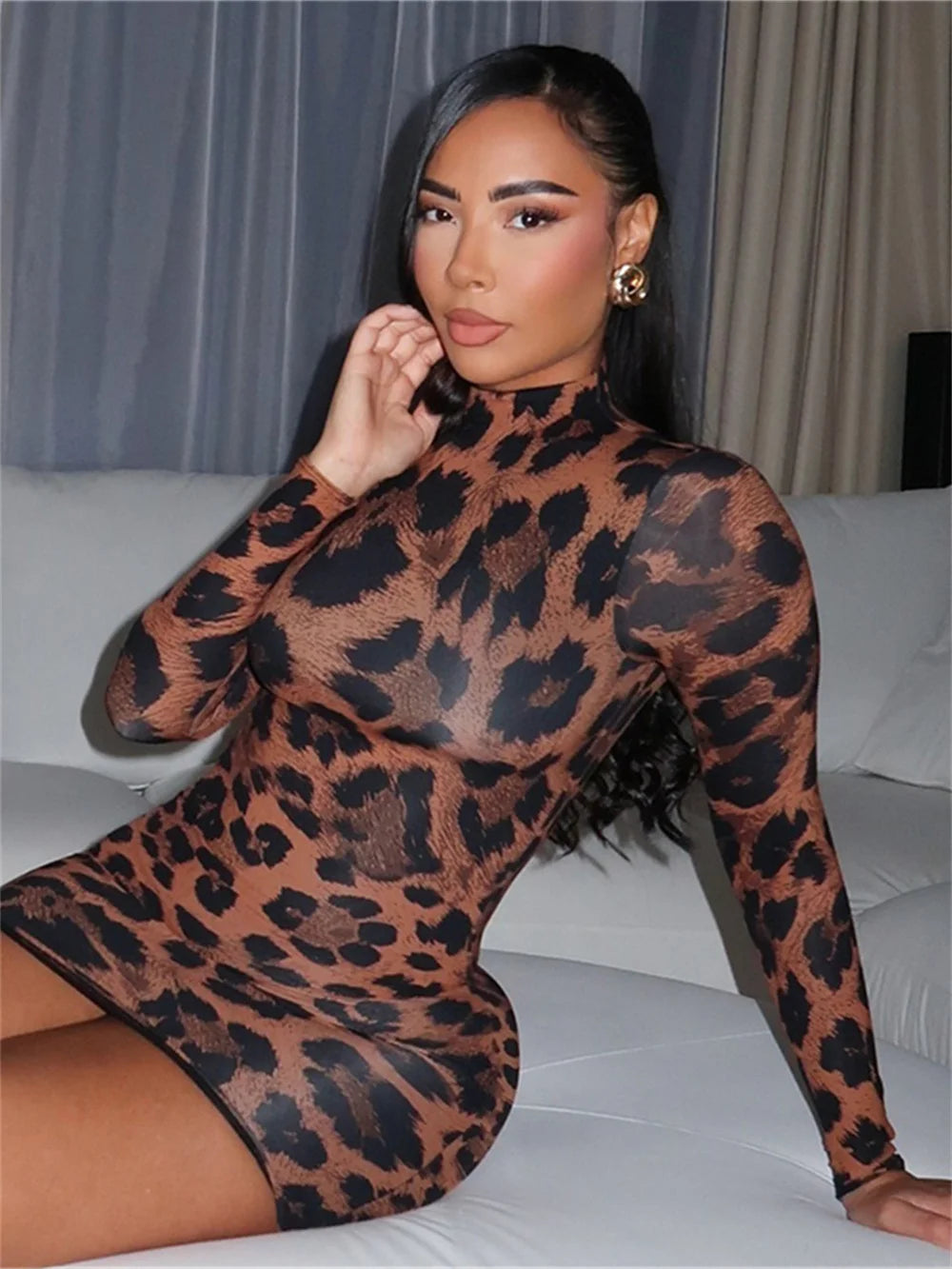 Sexy Mini Dress Women Leopard  Full Sleeve Streetwear Stretch