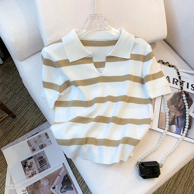 New Striped Pattern Collared Sweater Versatile Short Sleeve Knitted