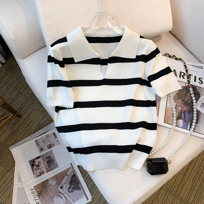 New Striped Pattern Collared Sweater Versatile Short Sleeve Knitted