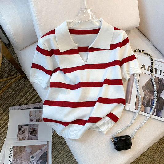 New Striped Pattern Collared Sweater Versatile Short Sleeve Knitted