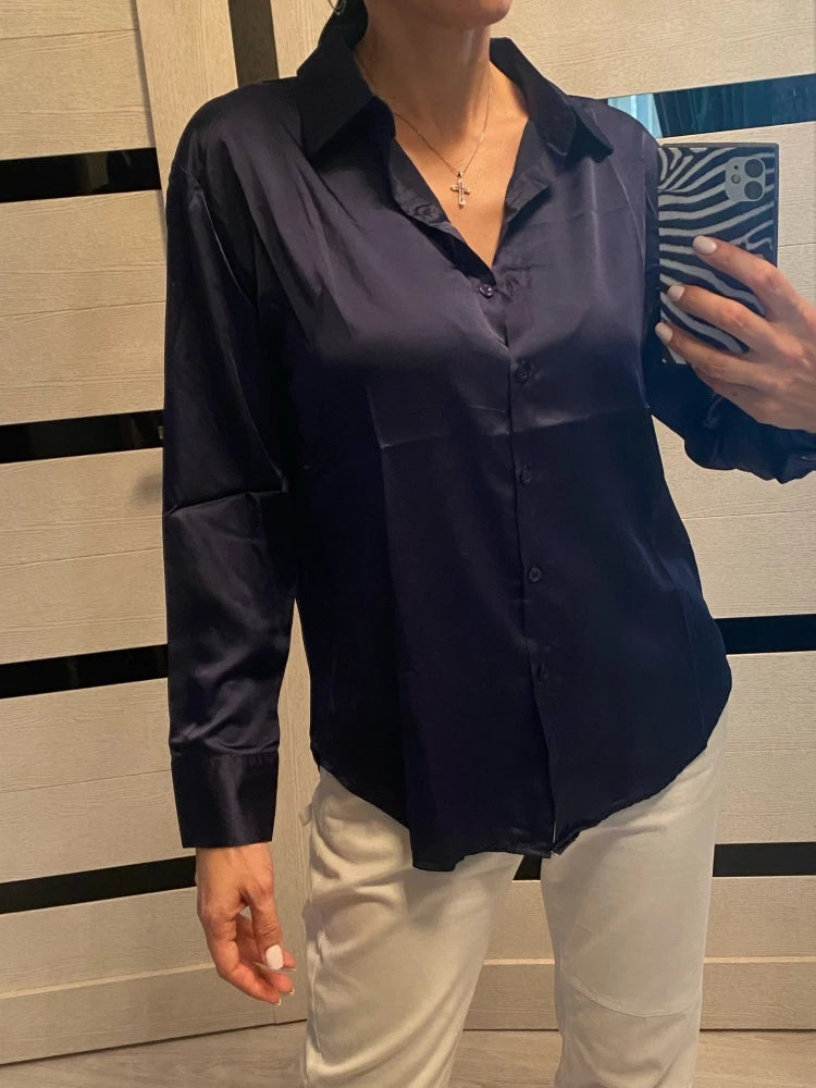 Elegant Satin Loose Women Shirt Spring Turn-down Collar Ladies Blouse