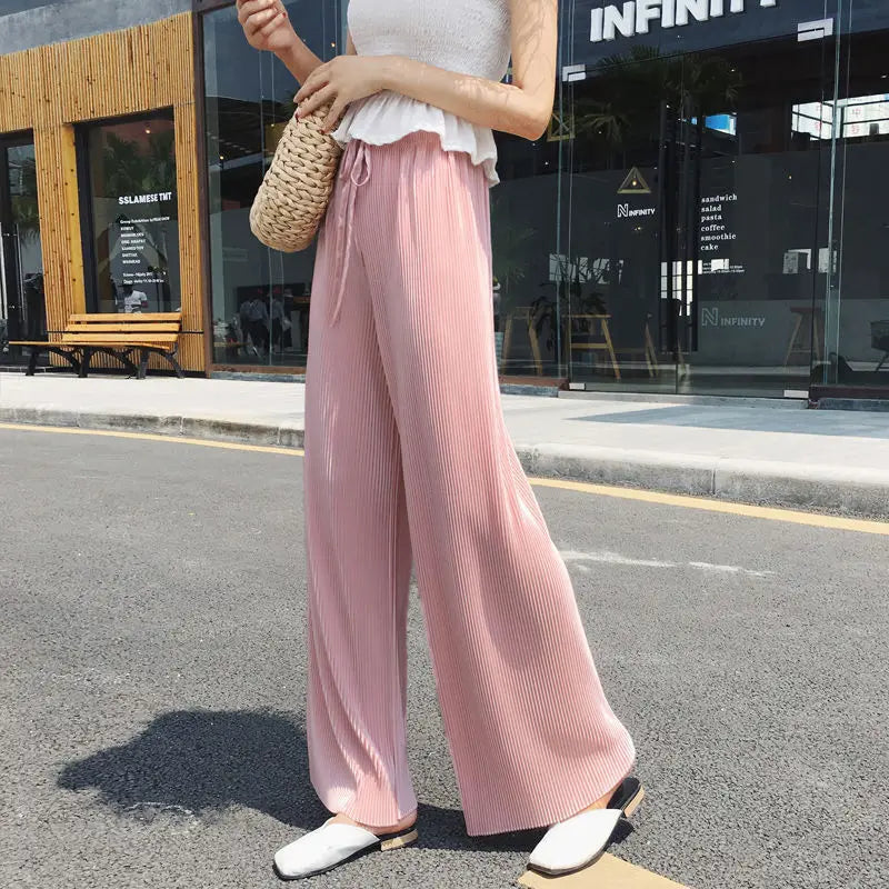 Women Fashion Summer Wide Leg Pants Pleated Ice Silk Trousers Elastic