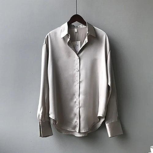 Elegant Satin Loose Women Shirt Spring Turn-down Collar Ladies Blouse