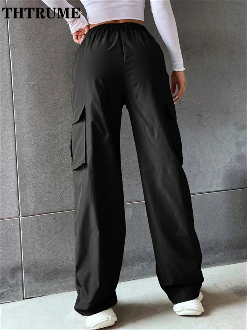 High Street Vintage Pants Fashion Solid High Elastic Waist Pocket