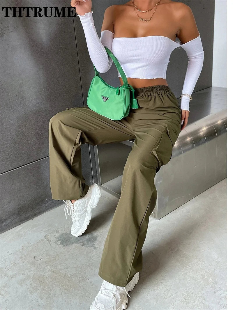 High Street Vintage Pants Fashion Solid High Elastic Waist Pocket