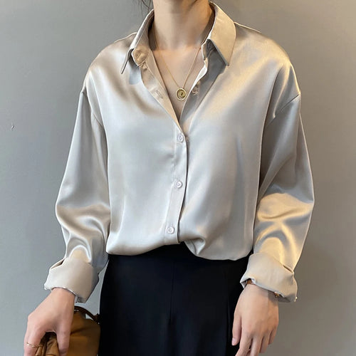 Elegant Satin Loose Women Shirt Spring Turn-down Collar Ladies Blouse