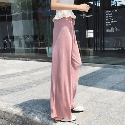 Women Fashion Summer Wide Leg Pants Pleated Ice Silk Trousers Elastic