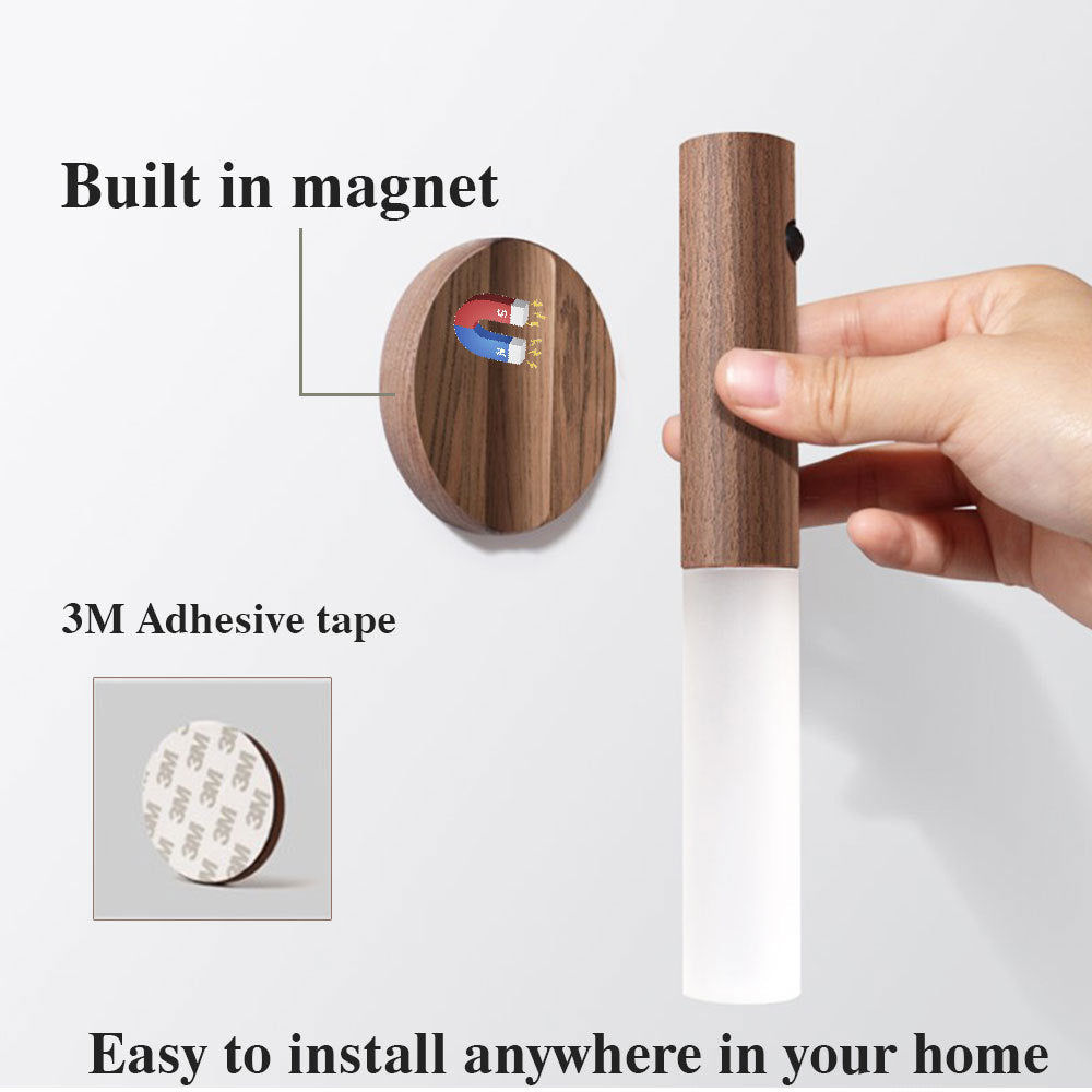 Magnetic USB LED Wall Lamp Wood with PIR Motion Sensor - Wireless Lighting for Hallway, Porch, Cabinet